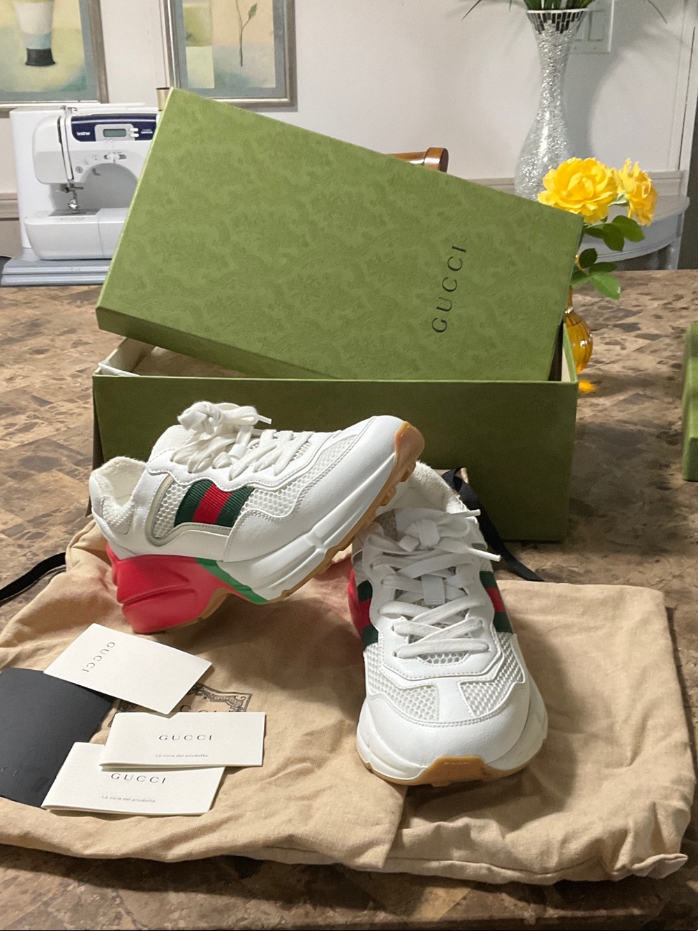 Gucci White Sneakers with Green and Red Web Stripe and Pink Heel Accent